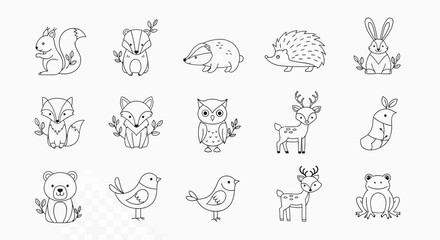 Cute black and white line art illustrations of various forest animals including squirrel, fox, bear, owl, deer, rabbit, and badger, perfect for children's designs.