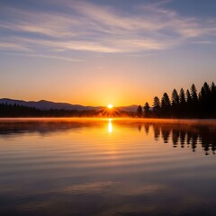 Fototapeta premium Golden Sunrise Reflections on Serene Lake Water.