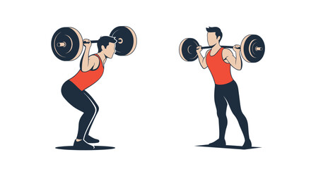 Illustration of a man performing a barbell squat exercise, showing both the lowered and standing positions for strength training.