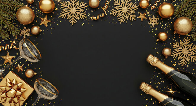 Festive holiday flat lay with gold decorations, champagne glasses, pine branches, and gift box on black background. Perfect for New Year celebrations, party invitations, and seasonal marketing visuals - Powered by Adobe