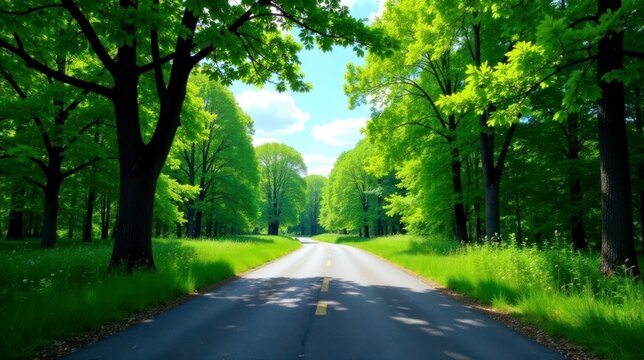 Asphalt road winding through a vibrant, sun-drenched canopy of lush green trees on a pleasant summer day - Powered by Adobe