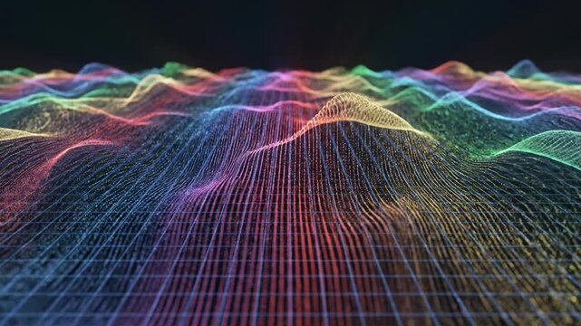 Seamless abstract loop of vibrant light waves dispersing across a dark digital plane creating a stunning spectrum effect flow, motion graphics, particles