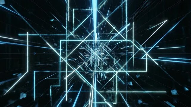 Seamless digital lines diverging and intersecting across a dark geometric void representing complex strategy and unpredictable decision pathways connection, motion graphics, technology