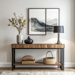 Rustic Console Table with Decor and Mountain Artwork.