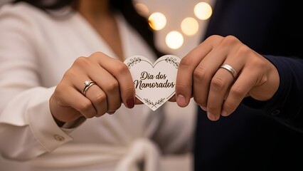 Love's Embrace: A tender moment captured as two hands, adorned with wedding rings, gently hold a heart-shaped card, symbolizing the warmth and romance of togetherness.