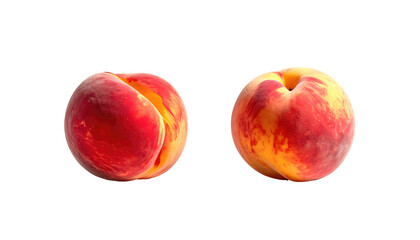 Obraz premium Two fresh, ripe peaches with vibrant red, yellow, and orange hues isolated against a black backdrop