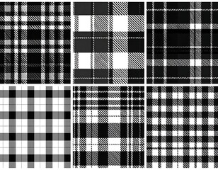 Six square patterns of tartan/plaid textile designs in varying shades of black and white