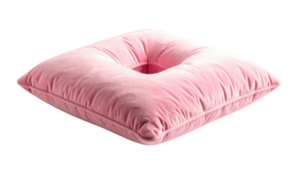 Soft, square pillow with a centered hole, shown against a black background