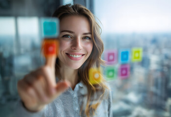 young smiling woman interacting with futuristic virtual interface over blurred city background, touching colorful digital buttons on transparent glass in urban environment, symbolizing innovation