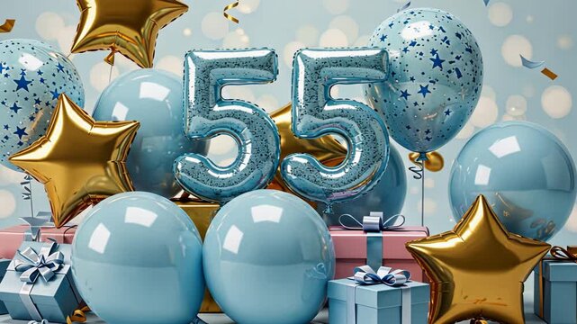 Celebration scene with balloons and gifts highlighting the number 55 with cheerful confetti