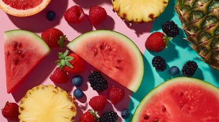 Colorful fruit poster with watermelon slices, pineapple rings and berry cluster arrangement 
