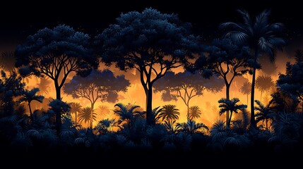 Golden tropical sunset in exotic rainforest jungle high resolution picture