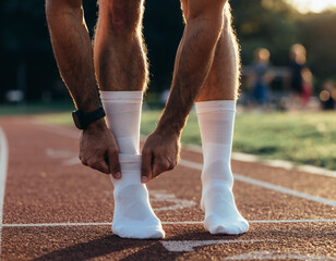 Athlete preps on running track, adjusting white socks. Focus on dedication, preparation, fitness. Sport, health, goals, and wellbeing concept. Golden hour light.