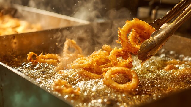 Golden brown onion rings being lifted from a deep fryer filled with bubbling hot oil by metal tongs, steam rising dramatically in the kitchen
