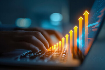 Person typing on laptop keyboard with glowing rising arrow graphs symbolizing business growth and digital success in a dark futuristic setting