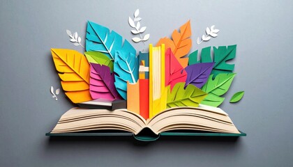 Colorful papercraft books and leaves bursting from an open book on a gray background