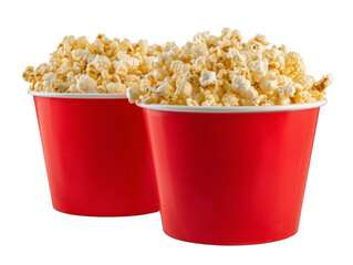 Two Red Buckets Filled with Buttery Popcorn on Transparent Background