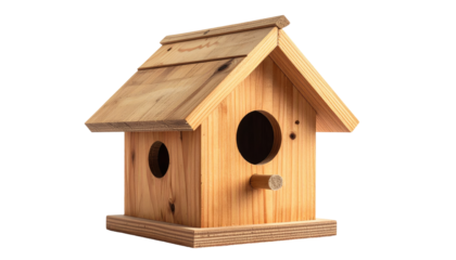 Wooden birdhouse. A small, handmade, natural pine birdhouse with a slanted roof, and entry holes, isolated on black