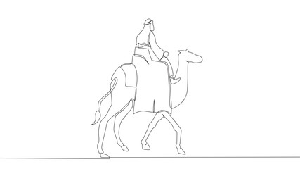 One continuous line drawing of Arab youth riding a camel. Happy Islamic New Year. Single-line draw design vector graphic illustration.