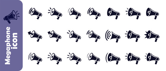 Set of black megaphone icons with sound waves and arrows, various communication announcement symbols vector