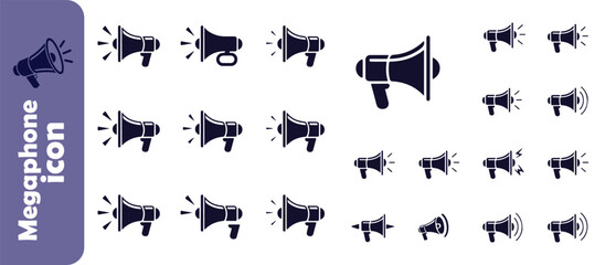 Assortment of black megaphone icons with different designs and sizes, communication announcement symbols vector