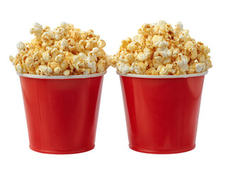 Two Red Buckets Filled with Buttery Popcorn on Transparent Background