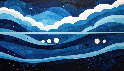 Abstract blue waves and white clouds are reflected in the water under a starry sky