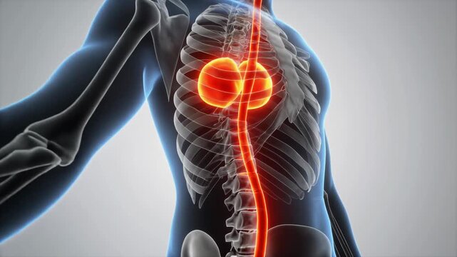 Animated human anatomy illustrating the spinotectal tract, pain pathway, and interneurons
