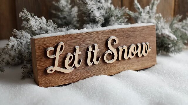 Festive wooden sign with let it snow text getting covered by falling snowflakes. A charming christmas winter scene with fir branches