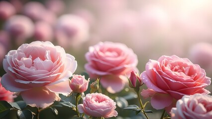 Rose Garden in Bloom: A captivating close-up of delicate pink roses in full bloom, showcasing their soft petals and lush texture.