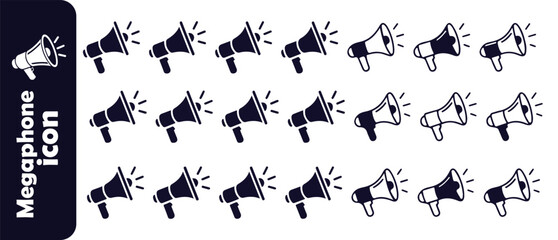 Megaphone icons communication and announcement symbols black solid and outline styles vector illustration