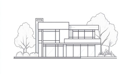 Modern house architectural plan, landscaping, white background, home design