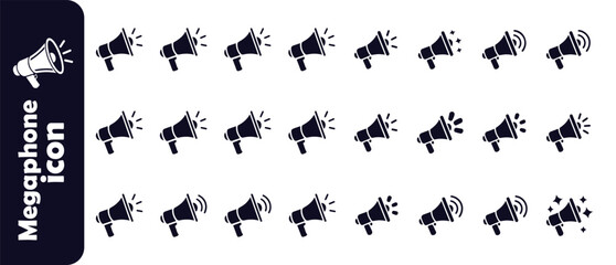 Megaphone solid black and white icon set, announcement and advertisement symbol, attention concept vector