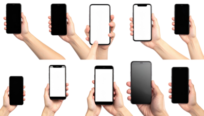 Various hands holding smartphones with blank screens against a white background in different orientations and poses