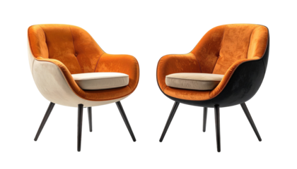 Two modern chairs with plush orange and cream fabric, supported by slender black metal legs, stand out