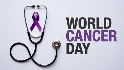 Stethoscope with purple ribbon for world cancer day isolated on white background