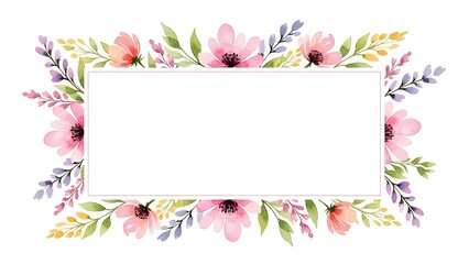 Floral Frame: An elegant watercolor floral frame, featuring delicate pink blossoms, green leaves and a clean blank space to place custom text.