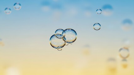 Transparent soap bubbles floating gracefully against a soft gradient sky.
