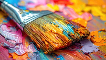 Fototapeta premium Close-up shows a paintbrush loaded with orange paint on a colorful palette of mixed paints