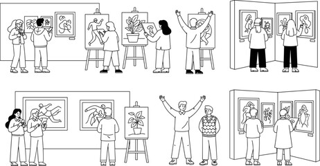 Obraz premium Art gallery line drawing, creative interaction, black and white illustration, painting and sketching, abstract artwork, visual appreciation, museum scene, artistic engagement