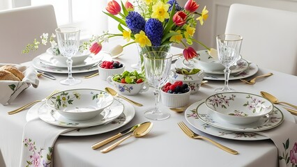 Elegant Table Setting: A beautifully arranged dining table, adorned with fine china, delicate glassware, and a vibrant floral centerpiece, evoking a sense of refined dining and sophisticated taste.