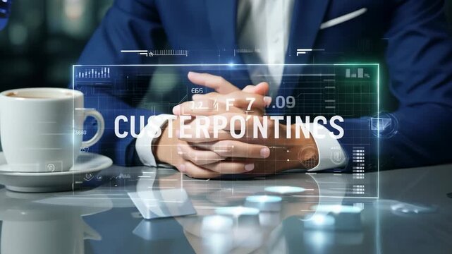 A businessman in a suit working with a holographic interface displaying futuristic data, graphs, and digital elements. 4k Video footage.