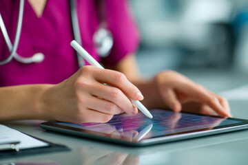 Medical professional in purple scrubs using a stylus on a tablet to view and analyze digital health records in a clinical setting at a glass desk