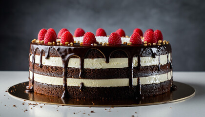 Delicious chocolate cake with creamy layers, dark chocolate drip, and fresh raspberries on top. Perfect for birthdays, celebrations, or dessert projects.