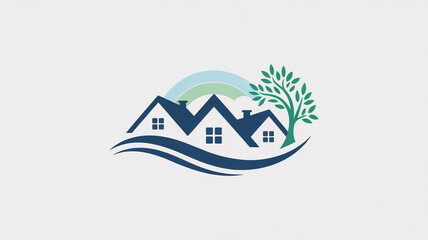 Minimalist, high-quality real estate logo, three navy blue geometric houses, curved wave base, small green tree, soft rainbow, flat vector, modern, clean, professional, scalable, inviting.