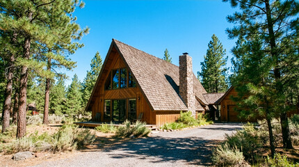 A-frame cabin in a pine forest with large stone chimney