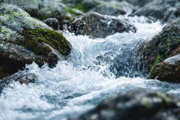 Obraz premium Rushing mountain stream flowing over moss-covered rocks with clear fresh water splashing energetically in a serene natural forest landscape scene