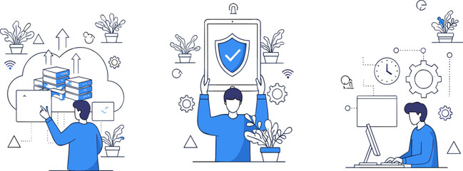 Cloud computing, cybersecurity, IT operations, data management, secure systems, productivity tools, shield icon, gear, clock, desktop interface, server, upload arrows, tablet, settings, digital workfl