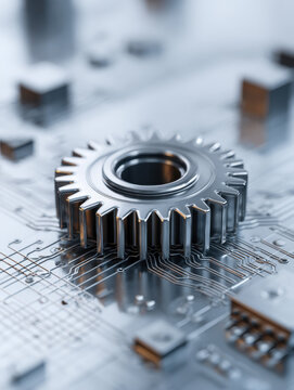 A close-up view of a metallic gear placed on a circuit board, symbolizing advanced technology and engineering integration in electronics and mechanical systems