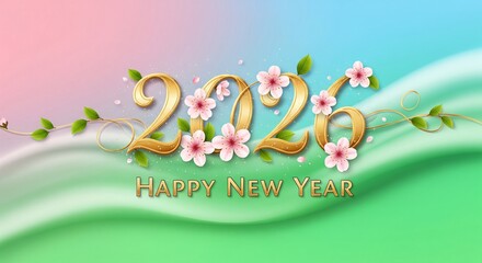 Elegant golden 2026 numbers adorned with pink cherry blossoms and green foliage Happy New Year text below